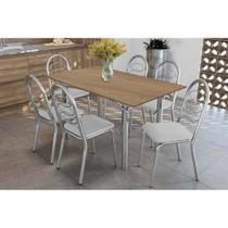 Conjunto: Mesa de Cozinha Elba c/ Tampo de Madeira 160cm e 6 Cadeiras Holanda Cromada/Nogueira - Courano Branco - Kappesberg Conjunto: Mesa de Cozinha Elba c/ Tampo de Madeira 160cm e 6 Cadeiras Holanda Cromada/Nogueira - Courano Branco - Kappesberg