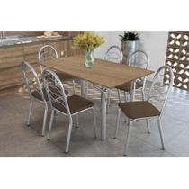 Conjunto: Mesa de Cozinha Elba c/ Tampo de Madeira 160cm e 6 Cadeiras Holanda Cromada/Nogueira - Courano Marrom - Kappesberg