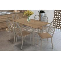 Conjunto: Mesa de Cozinha Elba c/ Tampo de Madeira 160cm e 6 Cadeiras Holanda Niquel/Nogueira - Courano Capuccino - Kappesberg Conjunto: Mesa de Cozinha Elba c/ Tampo de Madeira 160cm e 6 Cadeiras Holanda Niquel/Nogueira - Courano Capuccino - Kappesberg