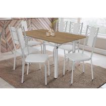 Conjunto: Mesa de Cozinha Elba c/ Tampo de Madeira 160cm e 6 Cadeiras Lisboa Cromada/Nogueira - Courano Branco - Kappesberg