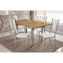 Conjunto: Mesa de Cozinha Elba c/ Tampo de Madeira 160cm e 6 Cadeiras Lisboa Niquel/Nogueira - Courano Branco - Kappesberg Conjunto: Mesa de Cozinha Elba c/ Tampo de Madeira 160cm e 6 Cadeiras Lisboa Niquel/Nogueira - Courano Branco - Kappesberg