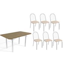 Conjunto: Mesa de Cozinha Elba c/ Tampo de Madeira 160cm e 6 Cadeiras Noruega Cromada/Nogueira - Courano Bege - Kappesberg