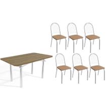 Conjunto: Mesa de Cozinha Elba c/ Tampo de Madeira 160cm e 6 Cadeiras Noruega Cromada/Nogueira - Courano Capuccino - Kappesberg