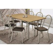 Conjunto: Mesa de Cozinha Elba c/ Tampo de Madeira 160cm e 6 Cadeiras Noruega Niquel/Nogueira - Courano Marrom - Kappesberg