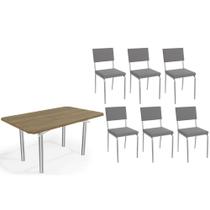 Conjunto: Mesa de Cozinha Elba c/ Tampo de Madeira 160cm e 6 Cadeiras Zaria Cromada/Nogueira - Suede Cinza - Kappesberg