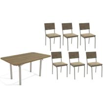 Conjunto: Mesa de Cozinha Elba c/ Tampo de Madeira 160cm e 6 Cadeiras Zaria Niquel/Nogueira - Suede Bege - Kappesberg