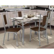 Conjunto: Mesa de Cozinha Elba c/ Tampo de Vidro 120cm + 4 Cadeiras Florença Cromado/Marrom - Kappesberg Conjunto: Mesa de Cozinha Elba c/ Tampo de Vidro 120cm + 4 Cadeiras Florença Cromado/Marrom - Kappesberg