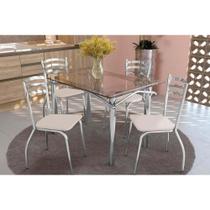 Conjunto: Mesa de Cozinha Elba c/ Tampo de Vidro 120cm + 4 Cadeiras Portugal Cromada/Branco - Kappesberg