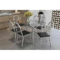 Conjunto: Mesa de Cozinha Elba c/ Tampo de Vidro 120cm + 6 Cadeiras Holanda Cromada - Assento Preto - Kappesberg