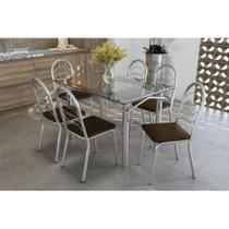 Conjunto: Mesa de Cozinha Elba c/ Tampo de Vidro 120cm + 6 Cadeiras Holanda Cromado/Marrom - Kappesberg Conjunto: Mesa de Cozinha Elba c/ Tampo de Vidro 120cm + 6 Cadeiras Holanda Cromado/Marrom - Kappesberg
