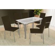 Conjunto: Mesa de Cozinha Elba c/ Tampo de Vidro 120cm e 4 Cadeiras Amsterdã Niquel - Courano Marrom - Kappesberg Conjunto: Mesa de Cozinha Elba c/ Tampo de Vidro 120cm e 4 Cadeiras Amsterdã Niquel - Courano Marrom - Kappesberg