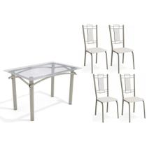 Conjunto: Mesa de Cozinha Elba c/ Tampo de Vidro 120cm e 4 Cadeiras Florença Niquel - Courano Branco - Kappesberg Conjunto: Mesa de Cozinha Elba c/ Tampo de Vidro 120cm e 4 Cadeiras Florença Niquel - Courano Branco - Kappesberg