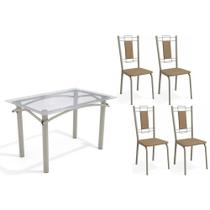 Conjunto: Mesa de Cozinha Elba c/ Tampo de Vidro 120cm e 4 Cadeiras Florença Niquel - Courano Capuccino - Kappesberg