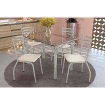 Conjunto: Mesa de Cozinha Elba c/ Tampo de Vidro 120cm e 4 Cadeiras Portugal Niquel - Courano Bege - Kappesberg