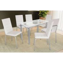 Conjunto: Mesa de Cozinha Elba c/ Tampo de Vidro 120cm e 6 Cadeiras Amsterdã Cromada - Courano Branco - Kappesberg