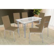 Conjunto: Mesa de Cozinha Elba c/ Tampo de Vidro 120cm e 6 Cadeiras Amsterdã Cromada - Courano Capuccino - Kappesberg Conjunto: Mesa de Cozinha Elba c/ Tampo de Vidro 120cm e 6 Cadeiras Amsterdã Cromada - Courano Capuccino - Kappesberg