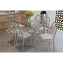 Conjunto: Mesa de Cozinha Elba c/ Tampo de Vidro 120cm e 6 Cadeiras Holanda Niquel - Courano Branco - Kappesberg