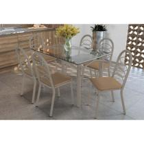 Conjunto: Mesa de Cozinha Elba c/ Tampo de Vidro 120cm e 6 Cadeiras Holanda Niquel - Courano Capuccino - Kappesberg Conjunto: Mesa de Cozinha Elba c/ Tampo de Vidro 120cm e 6 Cadeiras Holanda Niquel - Courano Capuccino - Kappesberg