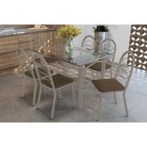 Conjunto: Mesa de Cozinha Elba c/ Tampo de Vidro 120cm e 6 Cadeiras Holanda Niquel - Courano Marrom - Kappesberg
