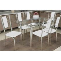 Conjunto: Mesa de Cozinha Elba c/ Tampo de Vidro 120cm e 6 Cadeiras Lisboa Cromada - Courano Branco - Kappesberg Conjunto: Mesa de Cozinha Elba c/ Tampo de Vidro 120cm e 6 Cadeiras Lisboa Cromada - Courano Branco - Kappesberg