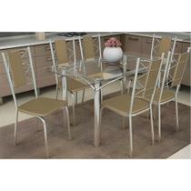 Conjunto: Mesa de Cozinha Elba c/ Tampo de Vidro 120cm e 6 Cadeiras Lisboa Cromada - Courano Capuccino - Kappesberg