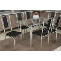 Conjunto: Mesa de Cozinha Elba c/ Tampo de Vidro 120cm e 6 Cadeiras Lisboa Cromada - Courano Preto - Kappesberg Conjunto: Mesa de Cozinha Elba c/ Tampo de Vidro 120cm e 6 Cadeiras Lisboa Cromada - Courano Preto - Kappesberg