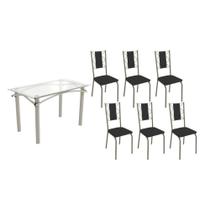 Conjunto: Mesa de Cozinha Elba c/ Tampo de Vidro 120cm e 6 Cadeiras Lisboa Niquel - Courano Preto - Kappesberg Conjunto: Mesa de Cozinha Elba c/ Tampo de Vidro 120cm e 6 Cadeiras Lisboa Niquel - Courano Preto - Kappesberg