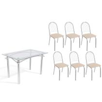 Conjunto: Mesa de Cozinha Elba c/ Tampo de Vidro 120cm e 6 Cadeiras Noruega Cromada - Courano Bege - Kappesberg Conjunto: Mesa de Cozinha Elba c/ Tampo de Vidro 120cm e 6 Cadeiras Noruega Cromada - Courano Bege - Kappesberg
