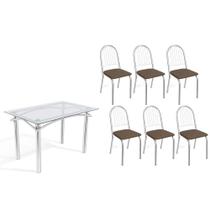 Conjunto: Mesa de Cozinha Elba c/ Tampo de Vidro 120cm e 6 Cadeiras Noruega Cromada - Courano Marrom - Kappesberg Conjunto: Mesa de Cozinha Elba c/ Tampo de Vidro 120cm e 6 Cadeiras Noruega Cromada - Courano Marrom - Kappesberg