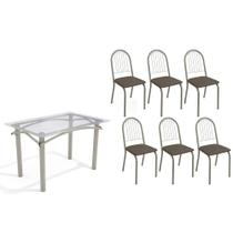Conjunto: Mesa de Cozinha Elba c/ Tampo de Vidro 120cm e 6 Cadeiras Noruega Niquel - Courano Marrom - Kappesberg