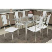 Conjunto: Mesa de Cozinha Elba c/ Tampo de Vidro 140cm + 6 Cadeiras Lisboa Cromada/Branco - Kappesberg