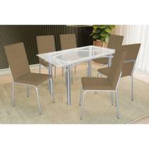 Conjunto: Mesa de Cozinha Elba c/ Tampo de Vidro 150cm e 6 Cadeiras Amsterdã Cromada - Courano Capuccino - Kappesberg Conjunto: Mesa de Cozinha Elba c/ Tampo de Vidro 150cm e 6 Cadeiras Amsterdã Cromada - Courano Capuccino - Kappesberg