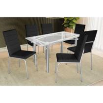 Conjunto: Mesa de Cozinha Elba c/ Tampo de Vidro 150cm e 6 Cadeiras Amsterdã Cromada - Courano Preto - Kappesberg
