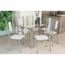 Conjunto: Mesa de Cozinha Elba c/ Tampo de Vidro 150cm e 6 Cadeiras Florença Niquel - Courano Branco - Kappesberg