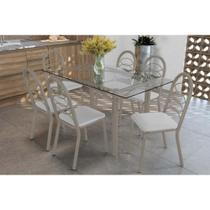 Conjunto: Mesa de Cozinha Elba c/ Tampo de Vidro 150cm e 6 Cadeiras Holanda Niquel - Courano Branco - Kappesberg