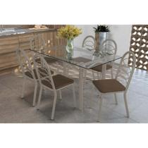 Conjunto: Mesa de Cozinha Elba c/ Tampo de Vidro 150cm e 6 Cadeiras Holanda Niquel - Courano Marrom - Kappesberg