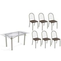 Conjunto: Mesa de Cozinha Elba c/ Tampo de Vidro 150cm e 6 Cadeiras Noruega Niquel - Courano Marrom - Kappesberg