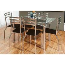 Conjunto: Mesa de Cozinha Elba c/ Tampo de Vidro 150cm e 6 Cadeiras Portugal Cromada - Courano Marrom - Kappesberg Conjunto: Mesa de Cozinha Elba c/ Tampo de Vidro 150cm e 6 Cadeiras Portugal Cromada - Courano Marrom - Kappesberg