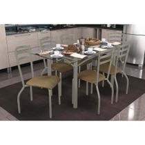 Conjunto: Mesa de Cozinha Elba c/ Tampo de Vidro 150cm e 6 Cadeiras Portugal Niquel - Courano Capuccino - Kappesberg Conjunto: Mesa de Cozinha Elba c/ Tampo de Vidro 150cm e 6 Cadeiras Portugal Niquel - Courano Capuccino - Kappesberg