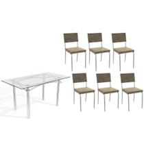 Conjunto: Mesa de Cozinha Elba c/ Tampo de Vidro 150cm e 6 Cadeiras Zaria Cromada - Suede Bege - Kappesberg
