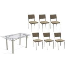 Conjunto: Mesa de Cozinha Elba c/ Tampo de Vidro 150cm e 6 Cadeiras Zaria Niquel - Suede Bege - Kappesberg