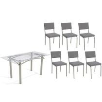 Conjunto: Mesa de Cozinha Elba c/ Tampo de Vidro 150cm e 6 Cadeiras Zaria Niquel - Suede Cinza - Kappesberg