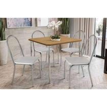 Conjunto: Mesa de Cozinha Elba c/ Tampo Madeirado 90cm + 4 Cadeiras Noruega Cromada/Branco - Kappesberg