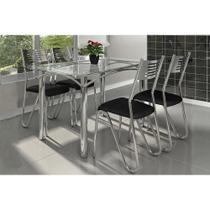 Conjunto: Mesa de Cozinha Elba c/ Tampo Vidro 140cm + 4 Cadeiras Nápoles Cromada/Preto - Kappesberg