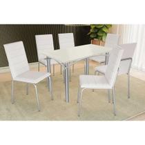 Conjunto: Mesa de Cozinha Elba Tampo Madeirado c/ Vidro 120cm e 6 Cadeiras Amsterdã Cromada/Off White - Courano Branco - Kappesberg