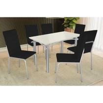 Conjunto: Mesa de Cozinha Elba Tampo Madeirado c/ Vidro 120cm e 6 Cadeiras Amsterdã Cromada/Off White - Courano Preto - Kappesberg
