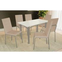 Conjunto: Mesa de Cozinha Elba Tampo Madeirado c/ Vidro 120cm e 6 Cadeiras Amsterdã Niquel/Off White - Courano Bege - Kappesberg Conjunto: Mesa de Cozinha Elba Tampo Madeirado c/ Vidro 120cm e 6 Cadeiras Amsterdã Niquel/Off White - Courano Bege - Kappesberg