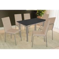 Conjunto: Mesa de Cozinha Elba Tampo Madeirado c/ Vidro 120cm e 6 Cadeiras Amsterdã Niquel/Preto - Courano Bege - Kappesberg Conjunto: Mesa de Cozinha Elba Tampo Madeirado c/ Vidro 120cm e 6 Cadeiras Amsterdã Niquel/Preto - Courano Bege - Kappesberg