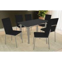 Conjunto: Mesa de Cozinha Elba Tampo Madeirado c/ Vidro 120cm e 6 Cadeiras Amsterdã Niquel/Preto - Courano Preto - Kappesberg