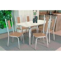 Conjunto: Mesa de Cozinha Elba Tampo Madeirado c/ Vidro 120cm e 6 Cadeiras Florença Cromada/Off White - Courano Capuccino - Kappesberg Conjunto: Mesa de Cozinha Elba Tampo Madeirado c/ Vidro 120cm e 6 Cadeiras Florença Cromada/Off White - Courano Capuccino - Kappesberg